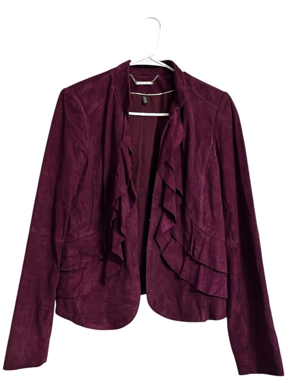 WHBM Women’s Burgundy 100% Genuine Leather Suede Ruffle Long Sleeve Blazer Sz-S